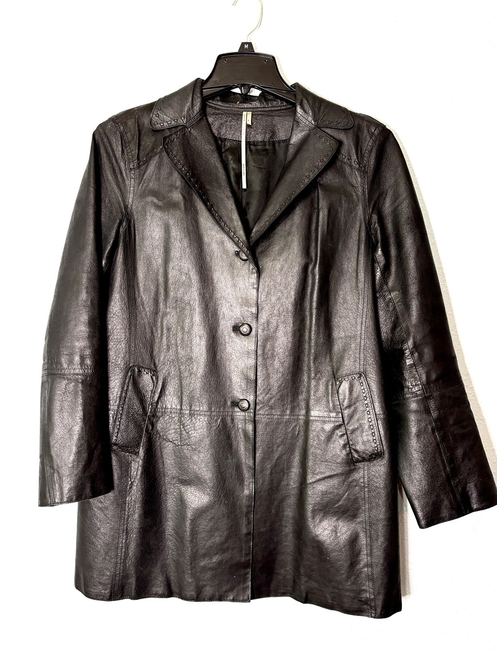 Vintage 90s Max Studio Black Leather Jacket w/ Stitched Trim L